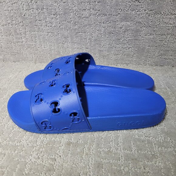 Gucci Pursuit Slide Men's Size US 10 Blue Rubber GG Perforated Sandals. - Picture 4 of 10